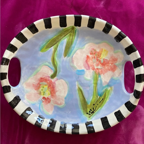 Handmade Ceramic Pink Flowers Design Tray w/ Handles 11”x9.5” Original - Picture 6 of 14